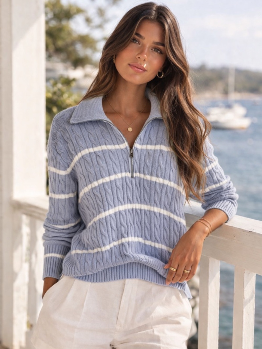 Hollister Slouchy Cable Knit Quarter Zip Sweater Blue Striped Preppy Coastal M